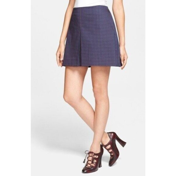 Tory Burch Klarissa Pleated Mini Skirt 14 Navy Blue Geometric Pattern Schoolgirl - Picture 1 of 8